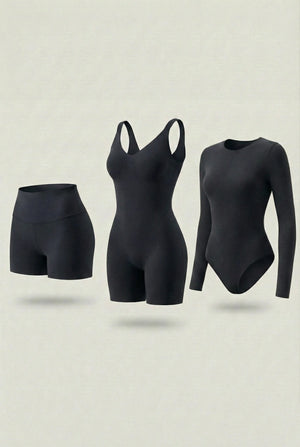 Trío de Control Salome: Body Manga Larga + Short + Body Media Pierna