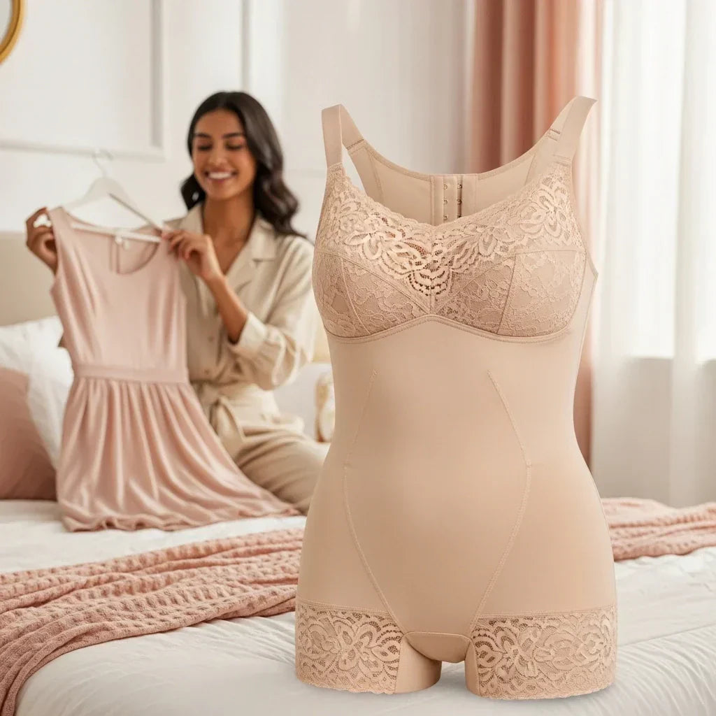 Faja colombiana Salomé con encaje beige, mostrando diseño elegante y funcionalidad.  