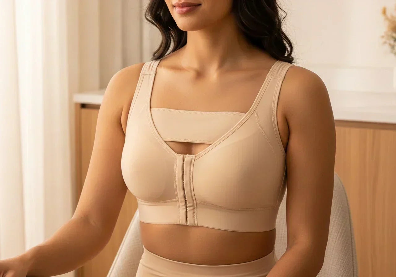 Mujer latina usando banda postoperatoria de senos con brasier quirúrgico Salomé tras cirugía de busto.  