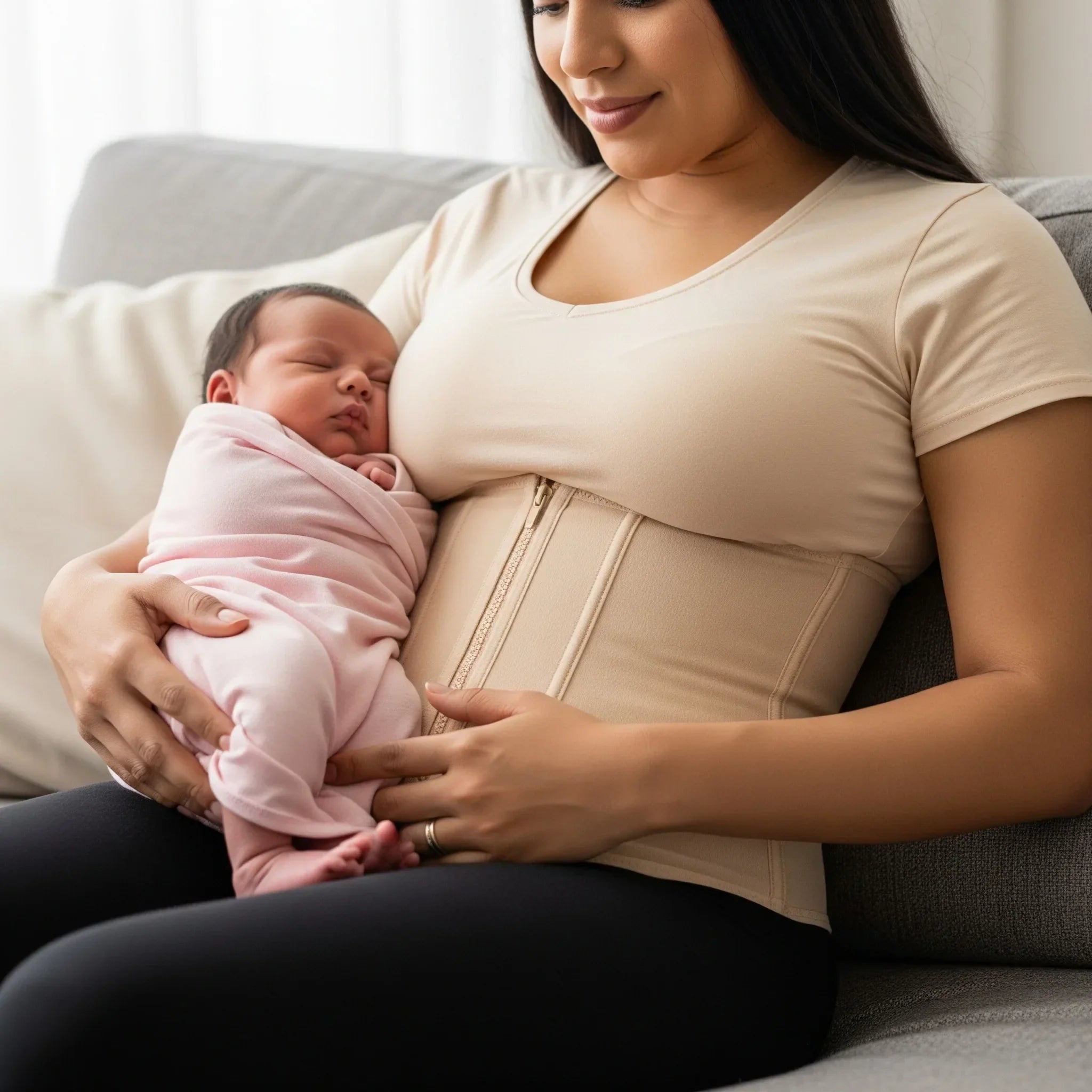 Madre latina usando cinturilla postparto color beige de Salomé mientras sostiene a su bebé.  