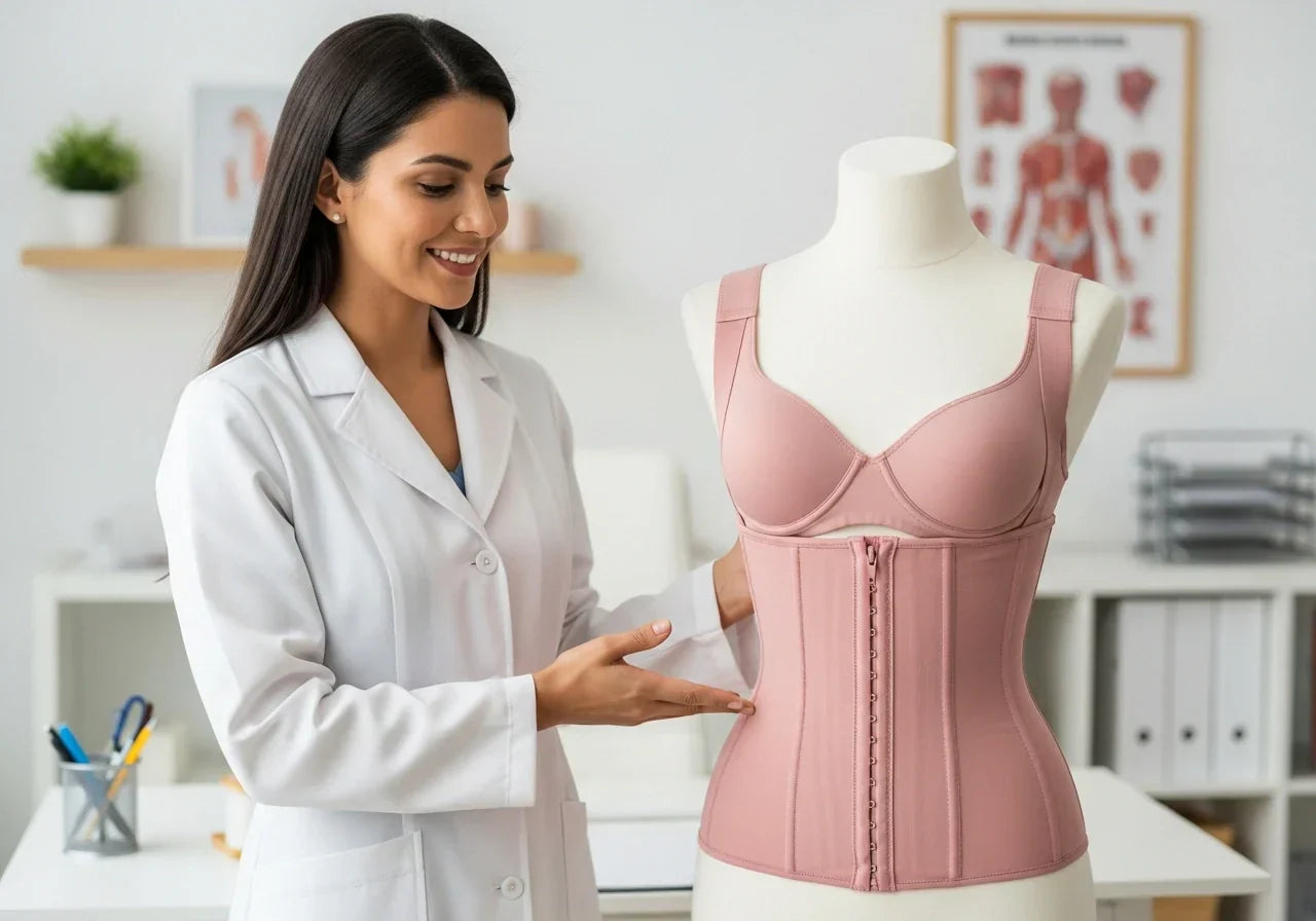 Médico mostrando una cinturilla colombiana en consultorio, explicando mitos y verdades sobre su uso.  