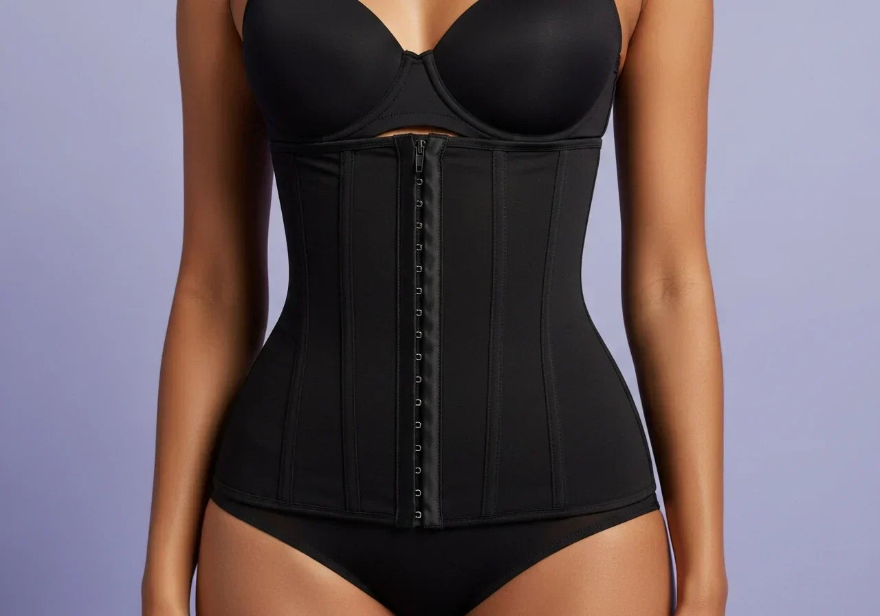 Mujer latina observando su cintura definida tras un mes de uso de una cinturilla moldeadora Salomé. 