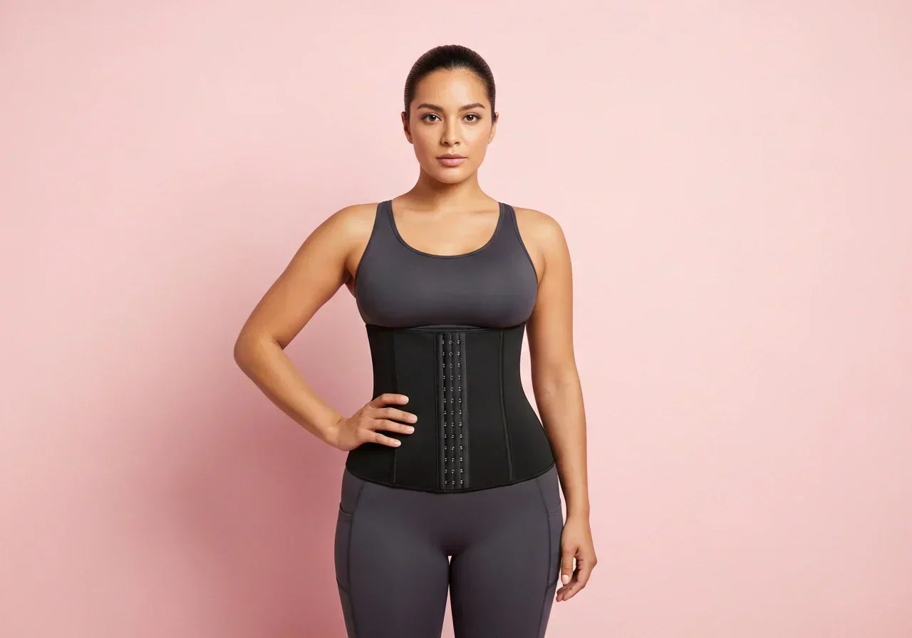 Mujer latina atlética usando cinturilla deportiva negra de Salomé mientras entrena en el gimnasio.