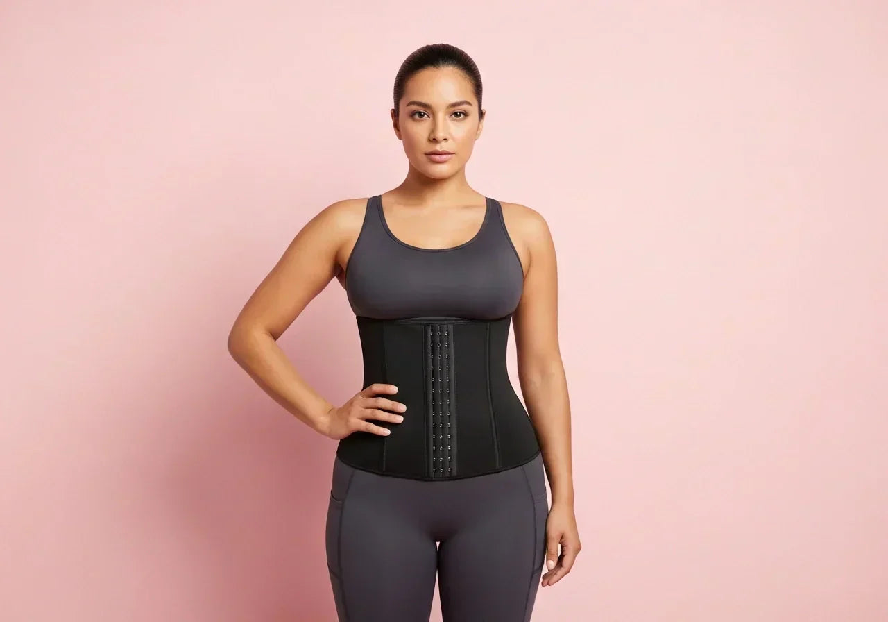 Mujer latina atlética usando cinturilla deportiva negra de Salomé mientras entrena en el gimnasio.