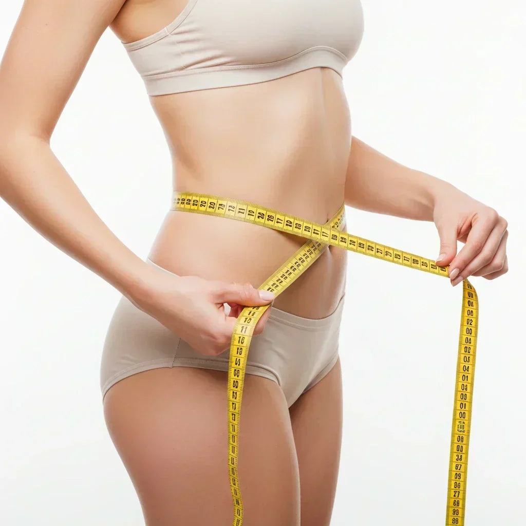 Mujer tomando medidas de su cintura correctamente para elegir talla de faja online.