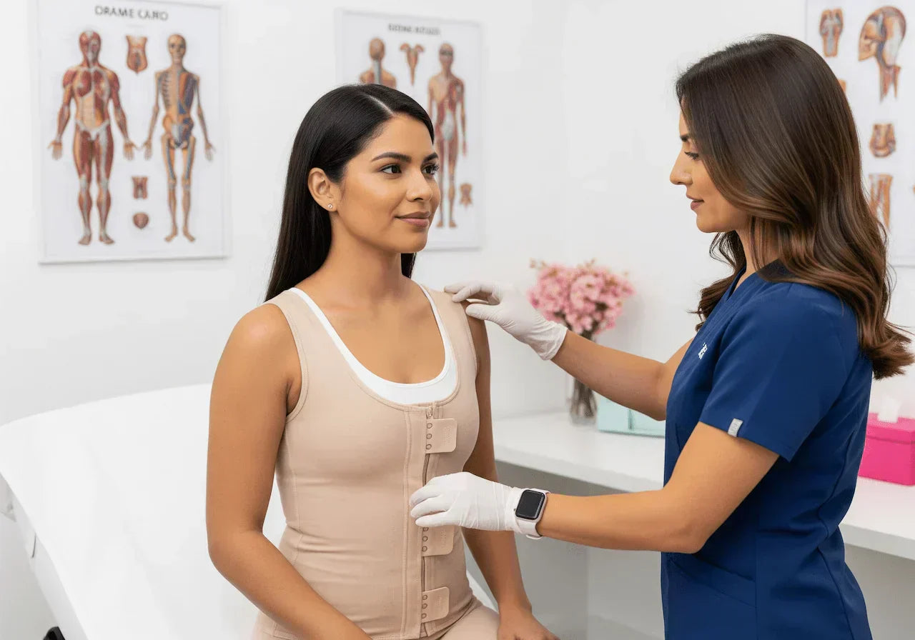 Consulta médica profesional con mujer latina usando faja postquirúrgica Salomé beige siendo examinada por cirujana en consultorio clínico limpio con material educativo anatómico