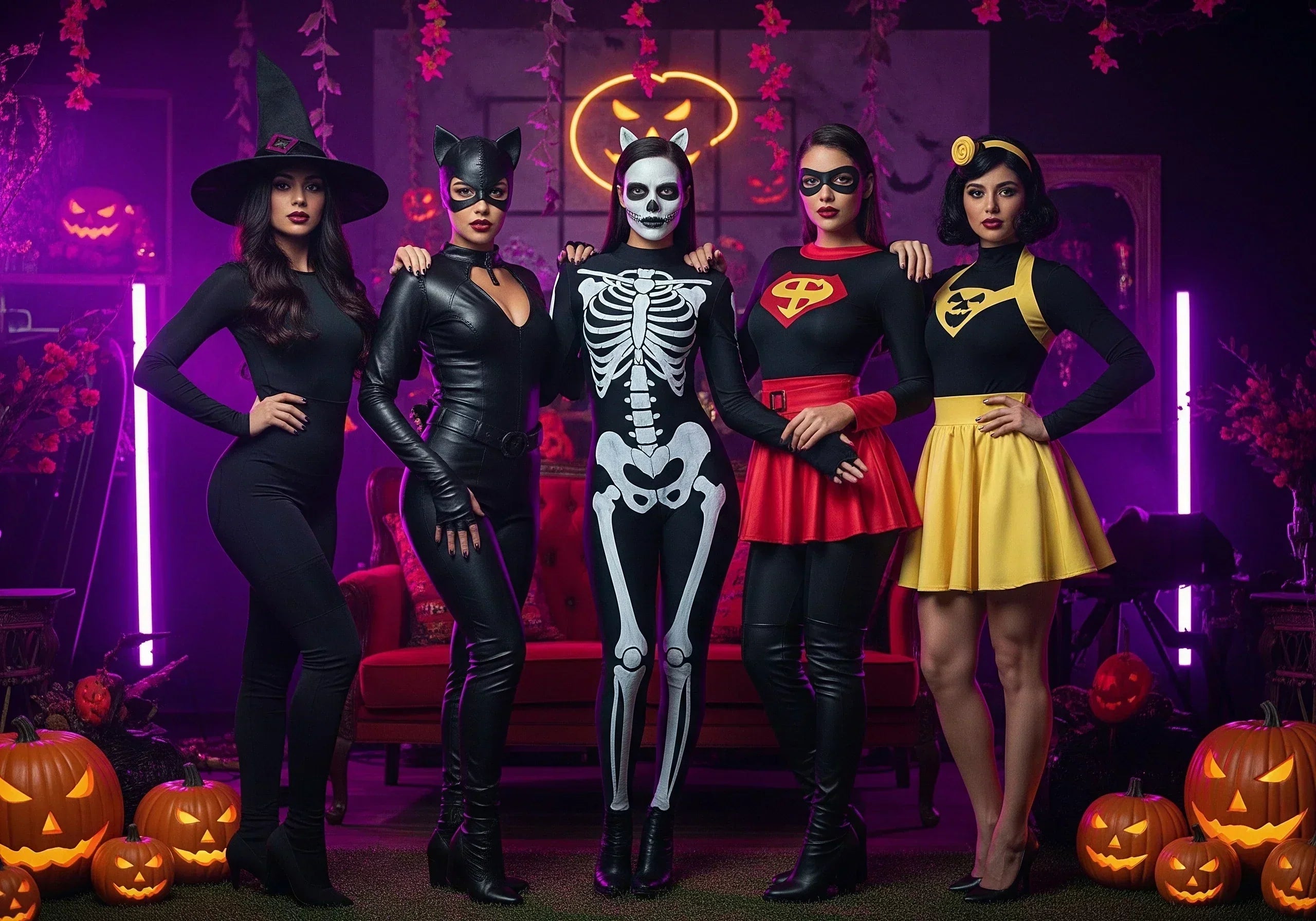 Grupo de mujeres latinas con disfraces de Halloween estilizados gracias a fajas Salomé.