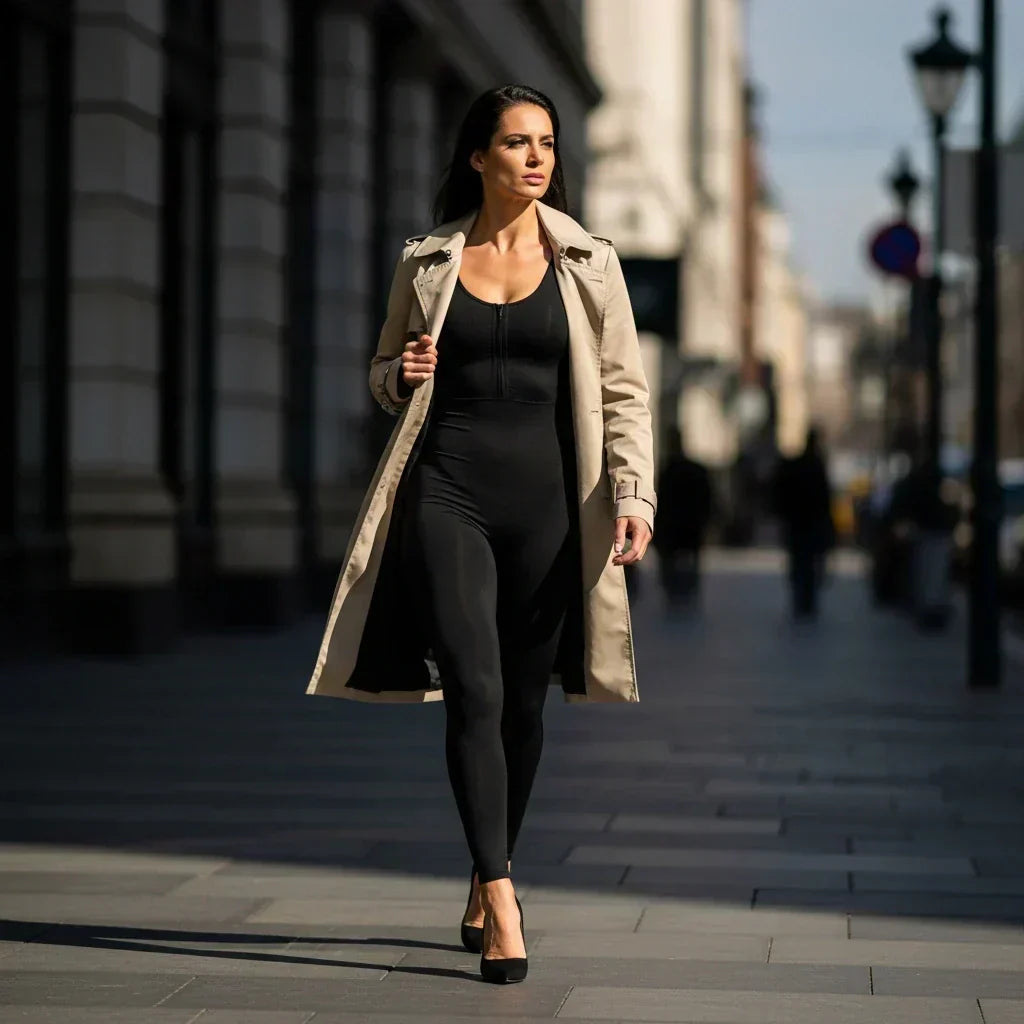 Mujer luciendo un enterizo de control negro en un outfit urbano y elegante, resaltando la silueta.
