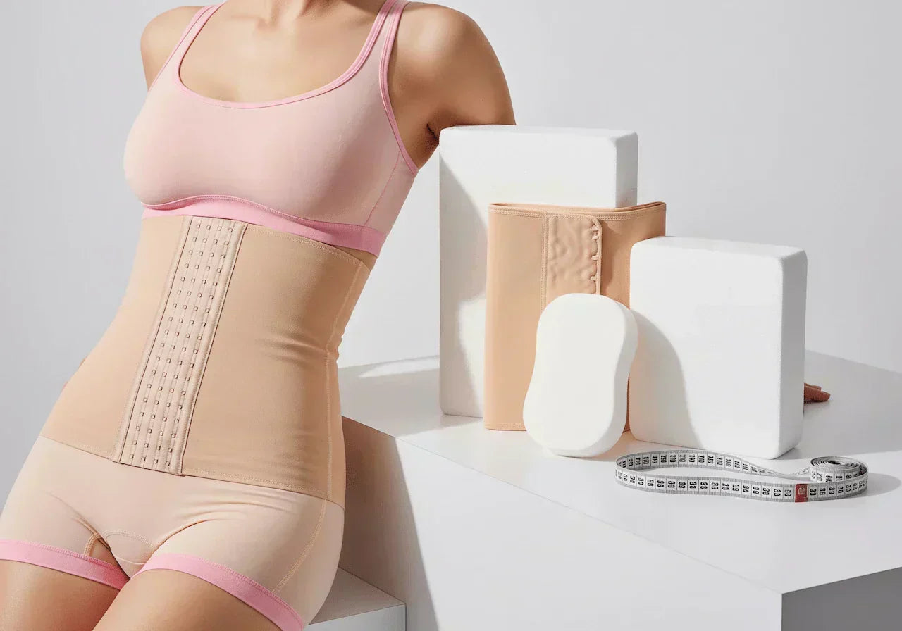 Composición clínica profesional de espumas post quirúrgicas beige, tabla abdominal moldeadora y faja de compresión con cinta métrica sobre superficie médica blanca limpia