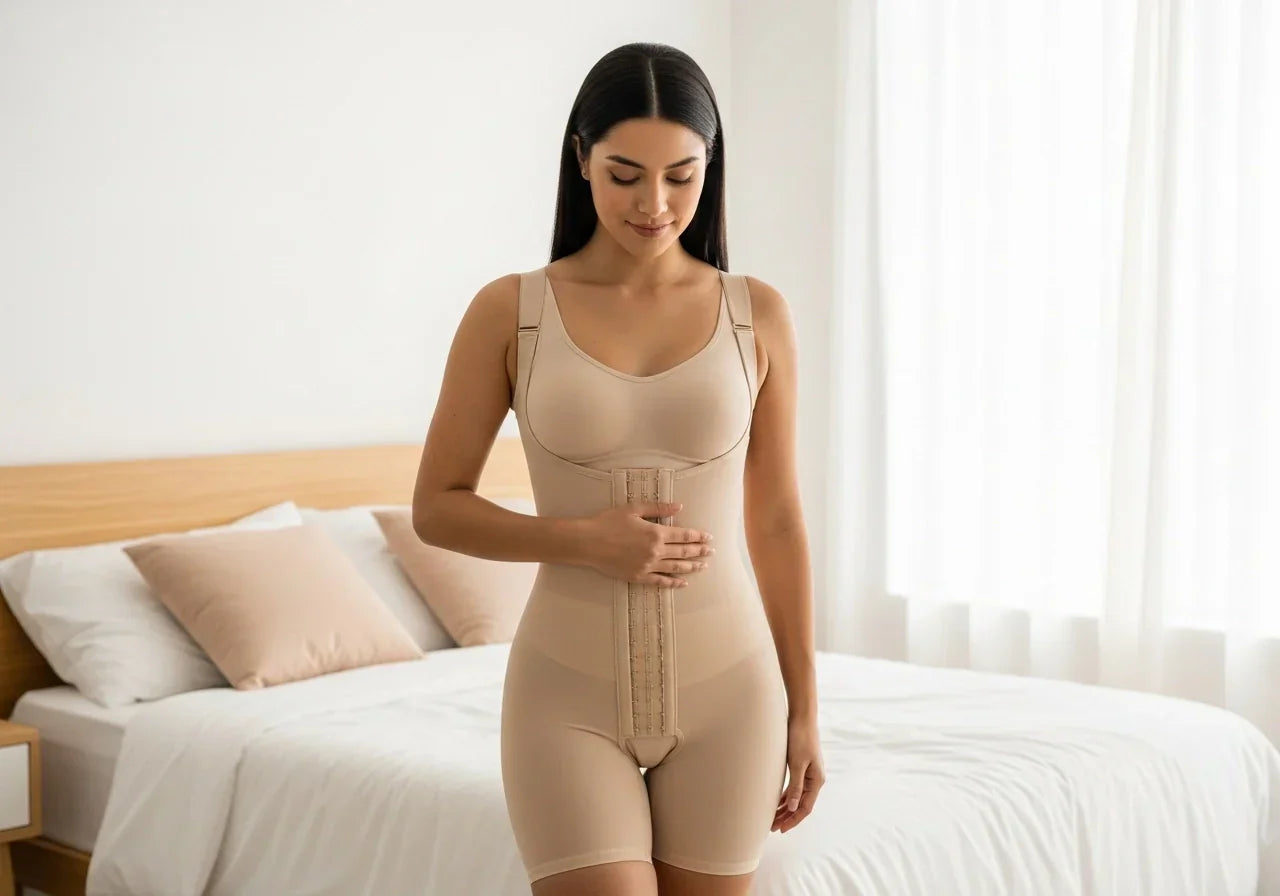Mujer latina en recuperación tras liposucción usando faja postquirúrgica Salomé color beige.  