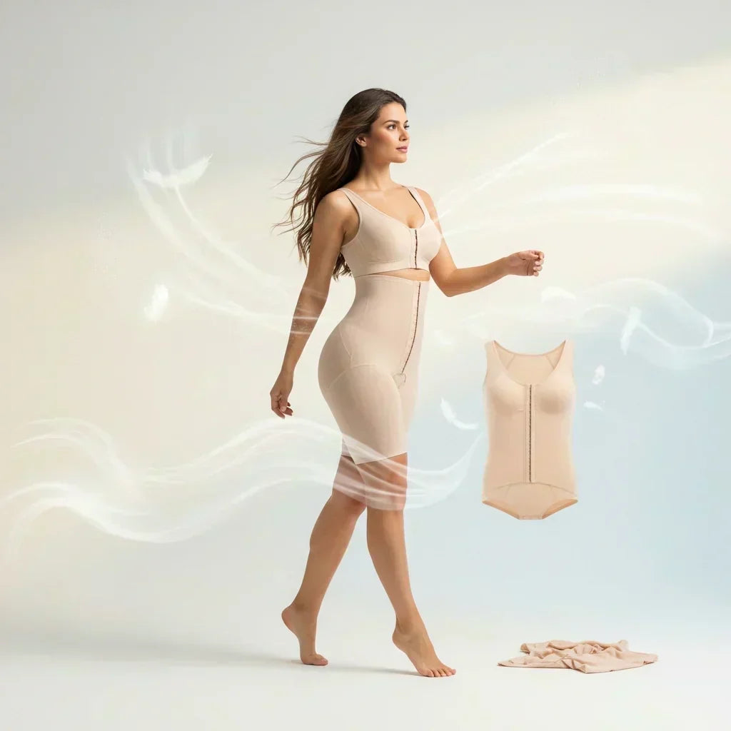 Faja Salome postoperatoria con elementos visuales que sugieren flujo de aire y transpirabilidad.