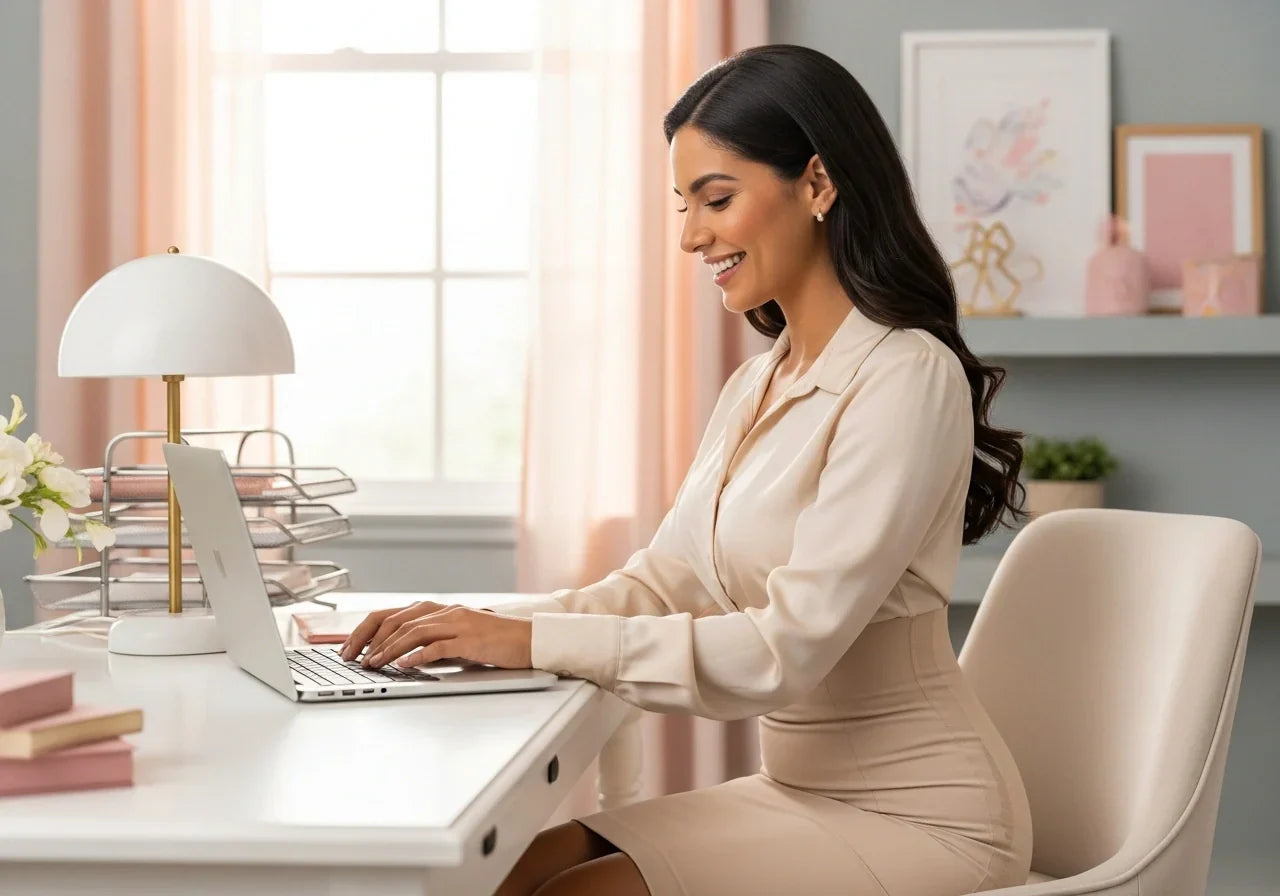 Mujer latina en oficina usando faja de uso diario Salomé bajo su ropa, mostrando seguridad y confianza.  