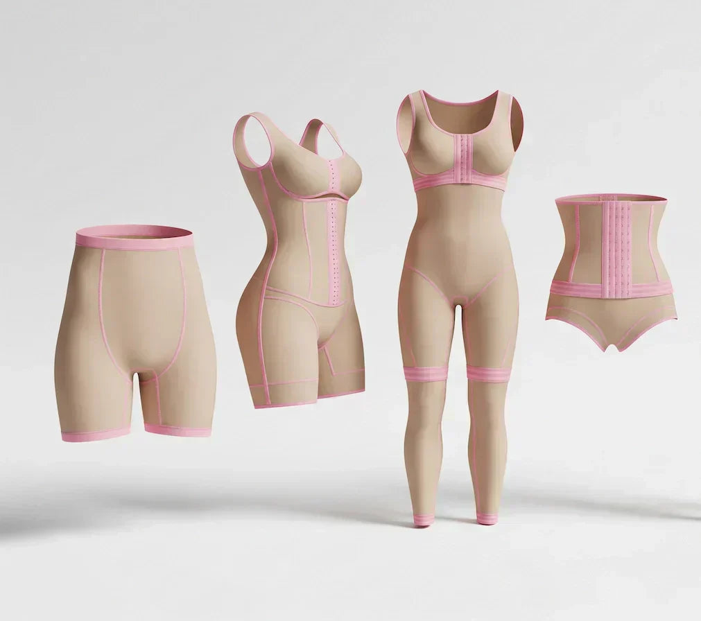 Flat lay de fajas Salome diferentes arregladas con tarjetas de diagramas de tipos de cuerpo