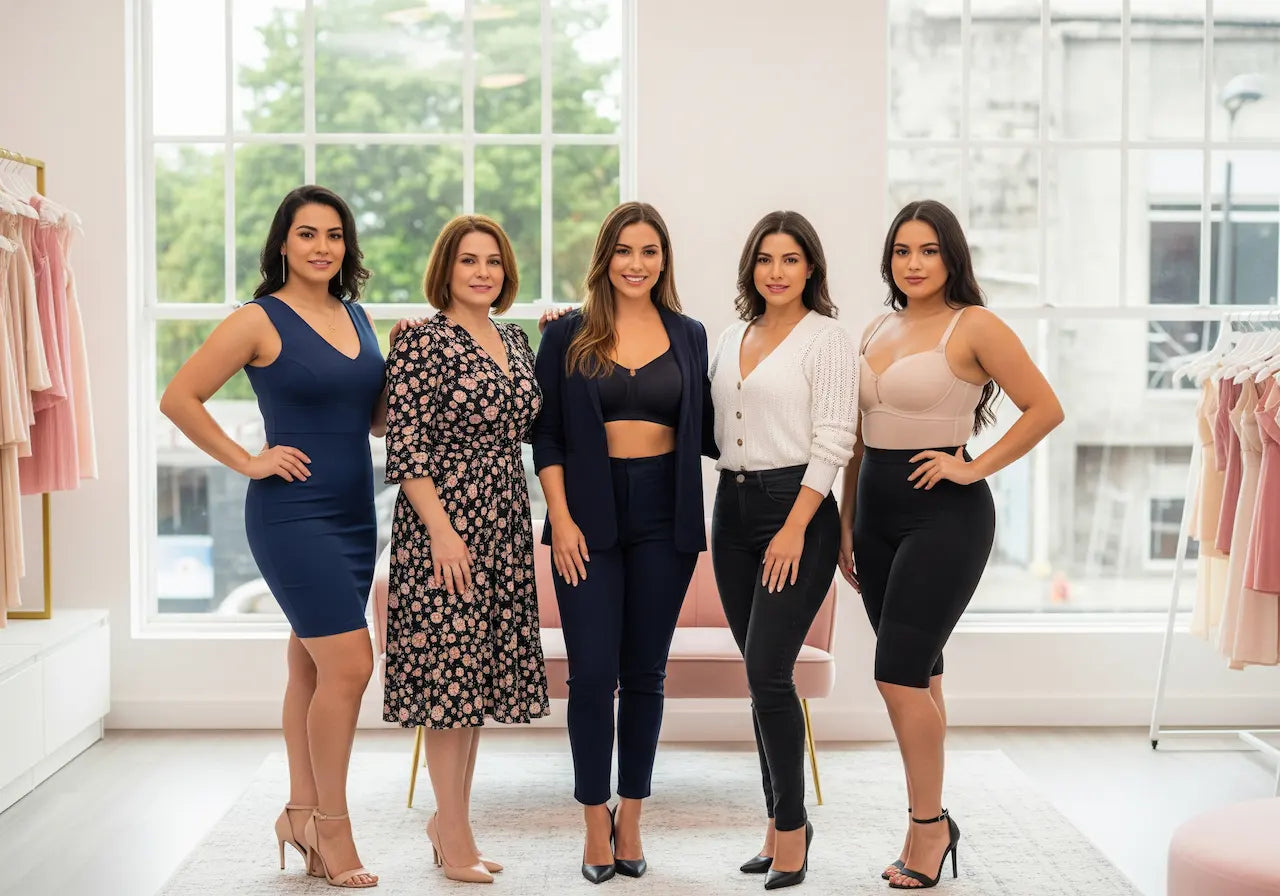 Mujeres de diferentes tipos de cuerpo, mostrando siluetas pulidas, representando empoderamiento