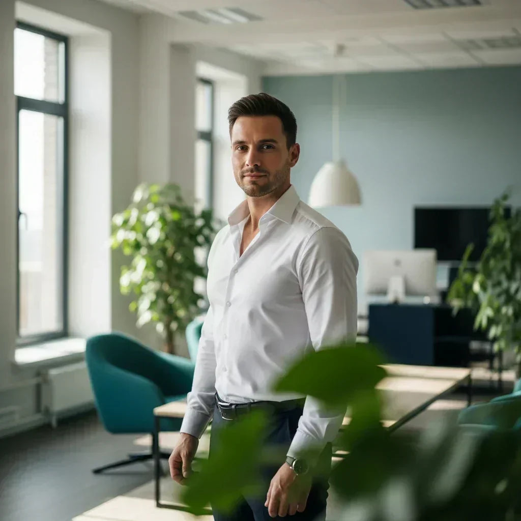 Hombre con postura erguida y profesional, representando los beneficios del uso de fajas para hombre bajo la ropa.