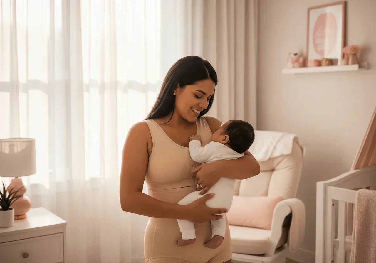 Nueva madre latina sonriente cargando tiernamente a su bebé en nursery luminoso usando faja postparto Salomé beige, representando recuperación maternal con confianza y amor