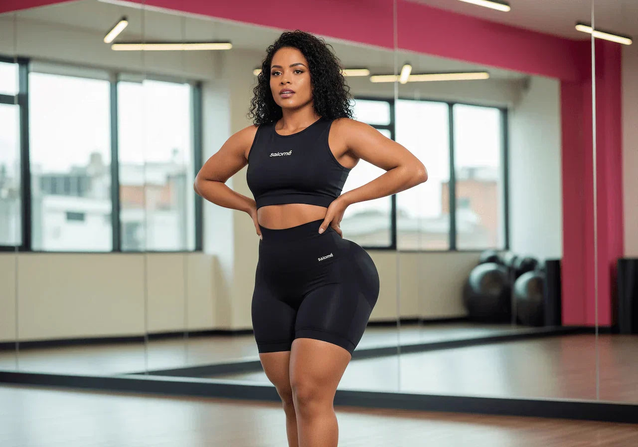 Mujer afro-colombiana confiada usando short levanta cola negro Salomé en gimnasio moderno con espejos, mostrando silueta definida y curvas realzadas naturalmente