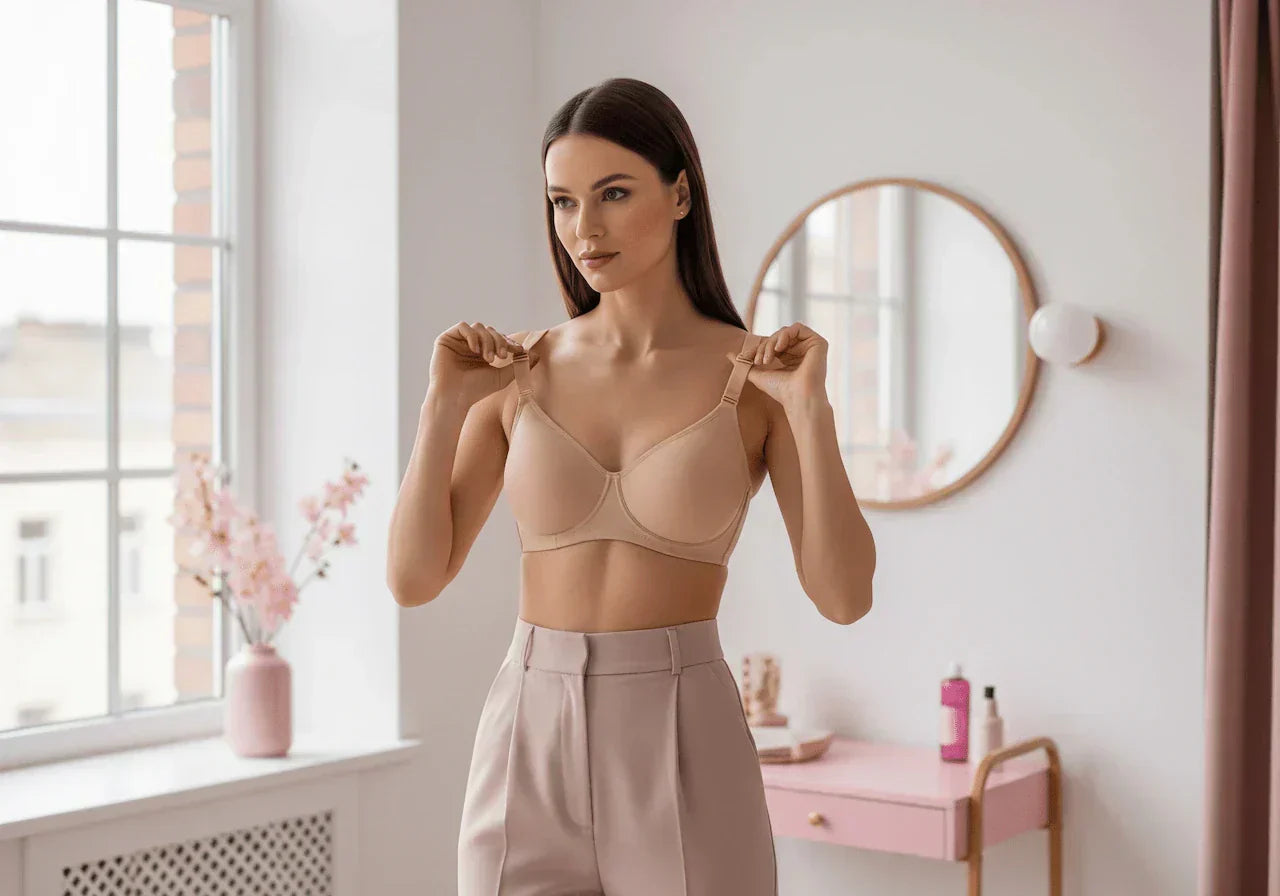 Mujer caucasiana confiada en vestidor minimalista moderno ajustando brasier moldeador Salomé nude con tirantes removibles, mostrando construcción elegante y ajuste perfecto en ambiente sofisticado