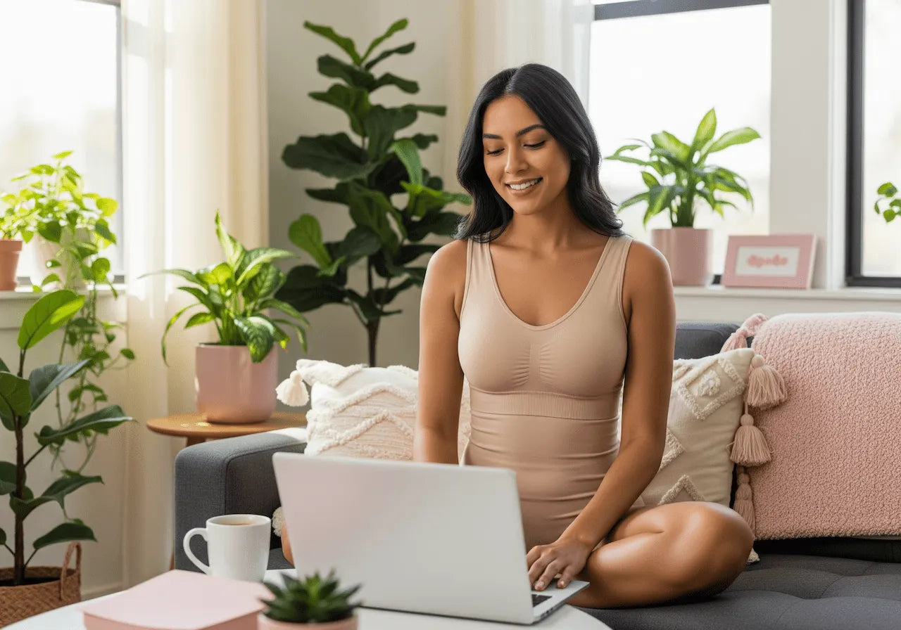 Mujer latina relajada trabajando desde casa en sofá con laptop usando body moldeador Salomé beige cómodo, mostrando uso diario natural en ambiente acogedor con plantas