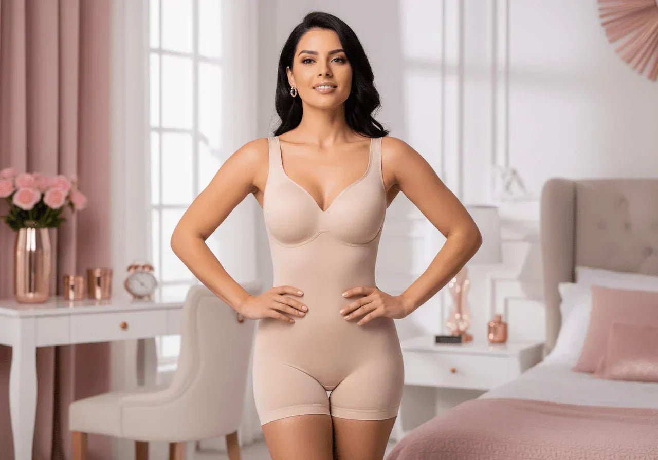 Mujer latina confiada usando body invisible Salomé color nude en dormitorio elegante con tonos rosa, mostrando silueta moldeada y figura de reloj de arena