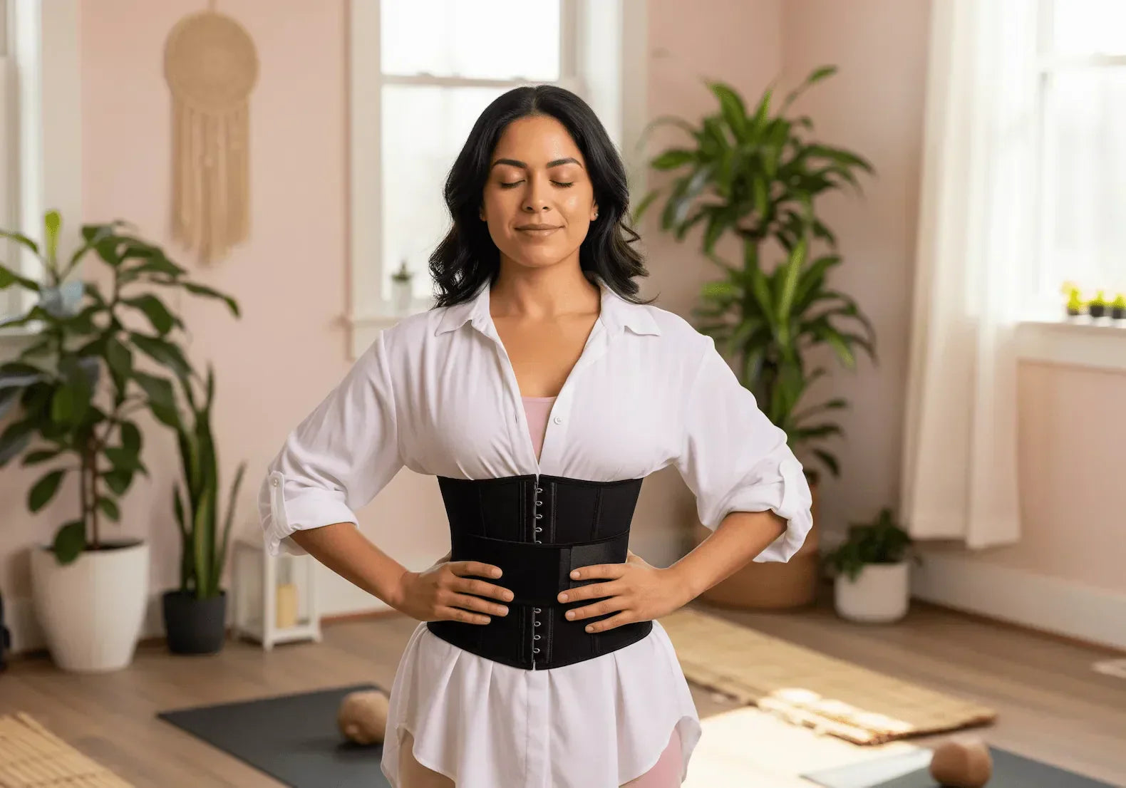 Mujer latina en estudio de yoga usando cinturilla rosa Salomé sobre camisa blanca en pose de meditación, mostrando bienestar holístico y conexión mente-cuerpo con plantas naturales