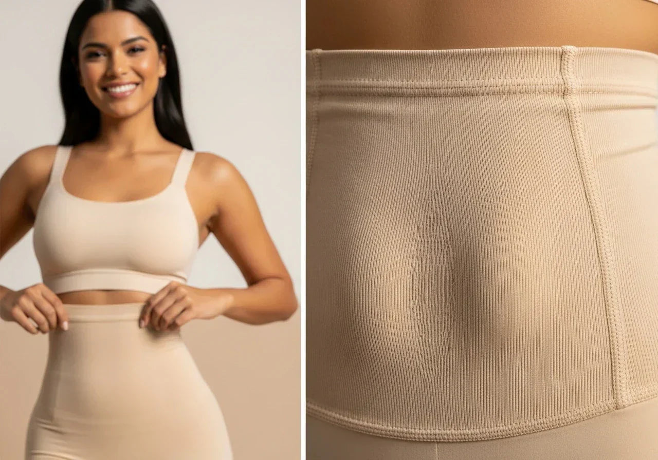  Primer plano del tejido powernet en una faja colombiana Salomé color beige.  