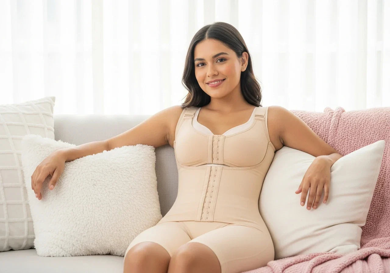 Mujer latina en recuperación tras cirugía estética usando faja postquirúrgica Salomé color beige