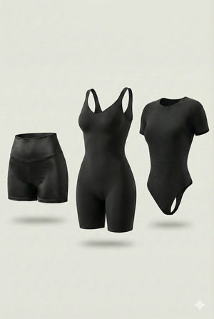 Trío Esencial Salome: Body Manga Corta + Short + Faja Media Pierna