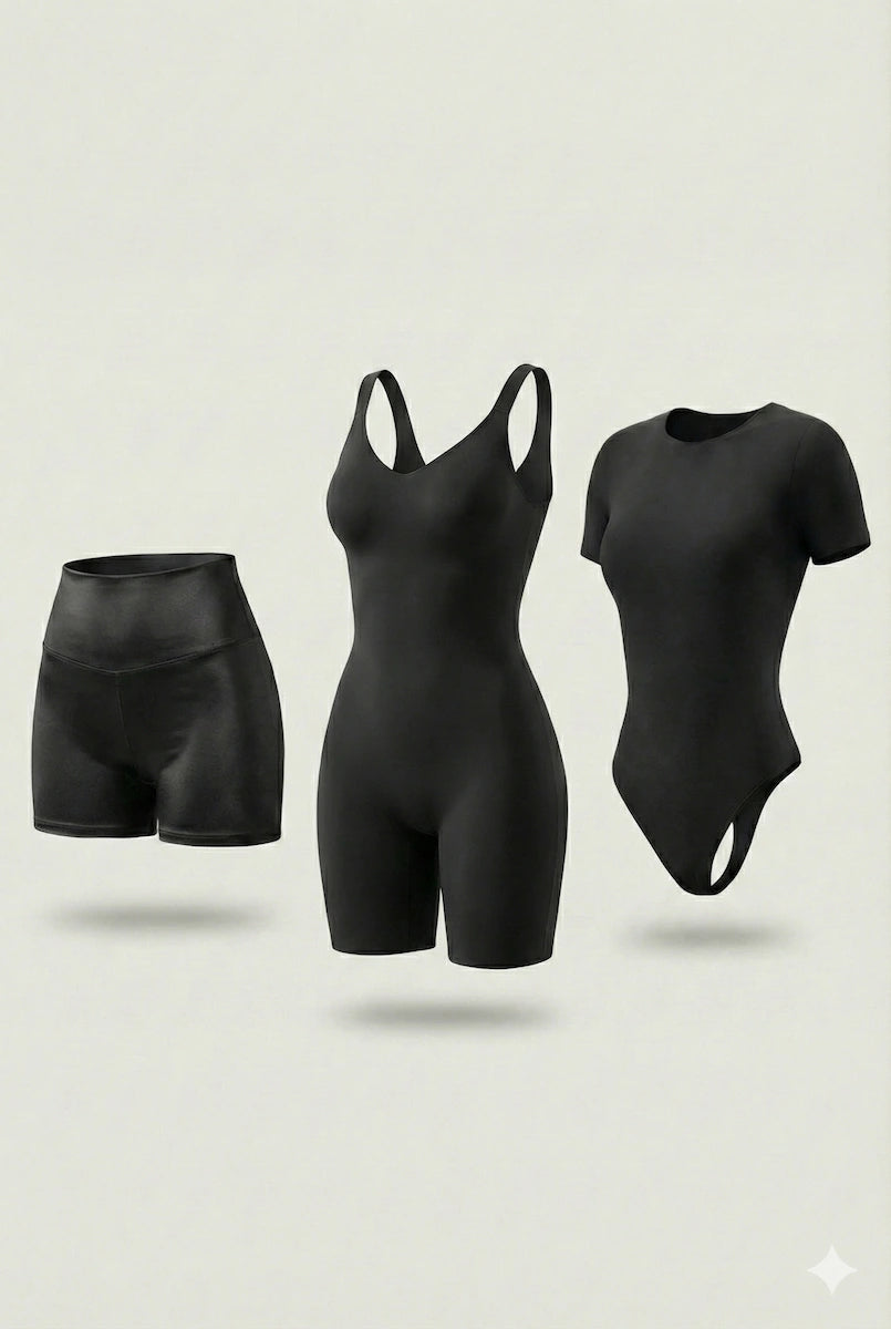 Trío Esencial Salome: Body Manga Corta + Short + Faja Media Pierna