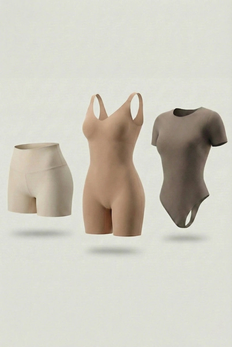 Trío Esencial Salome: Body Manga Corta + Short + Faja Media Pierna
