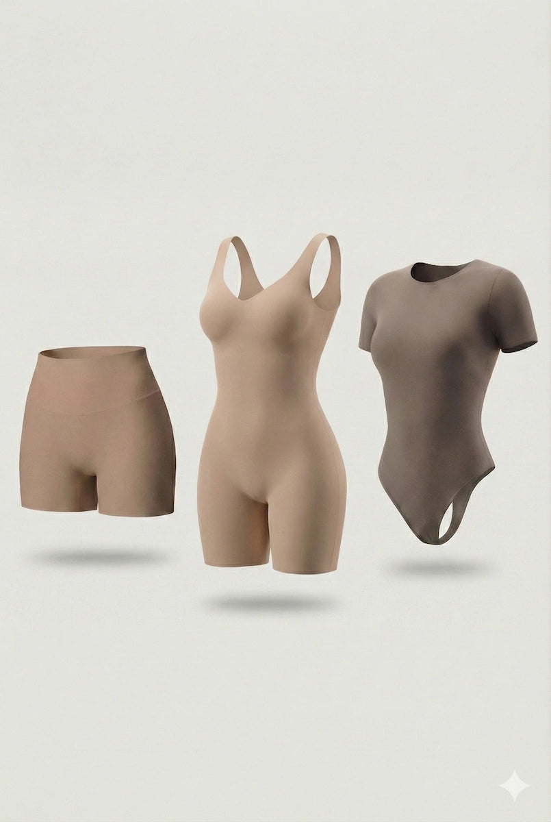 Trío Esencial Salome: Body Manga Corta + Short + Faja Media Pierna