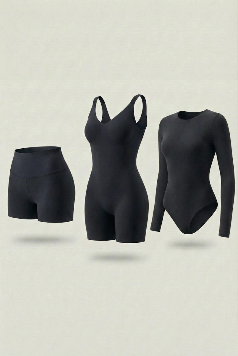 Trío de Control Salome: Body Manga Larga + Short + Body Media Pierna