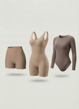 Trío de Control Salome: Body Manga Larga + Short + Body Media Pierna