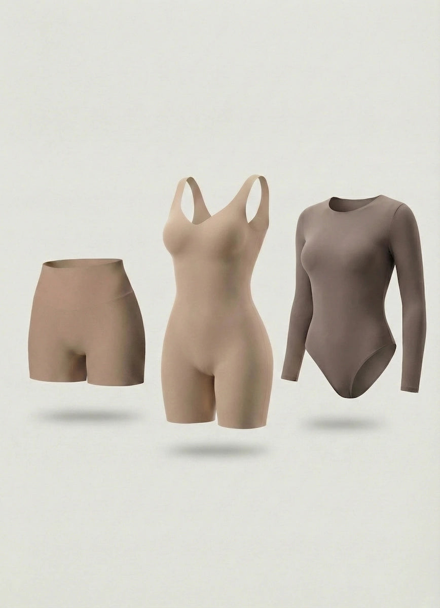 Trío de Control Salome: Body Manga Larga + Short + Body Media Pierna