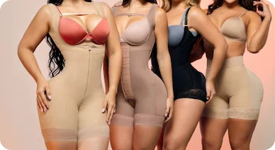 Primer plano de cuatro modelos luciendo la variedad de fajas moldeadoras Fajas Salome, mostrando el efecto de control de abdomen y realce de glúteos en diferentes estilos y tonos.