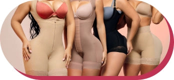 Primer plano de cuatro modelos luciendo la variedad de fajas moldeadoras Fajas Salome, mostrando el efecto de control de abdomen y realce de glúteos en diferentes estilos y tonos.